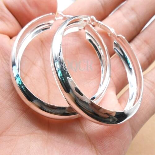 925 Sterling Silver Plated Thick Smooth Round 50MM Earrings Classic Fashion Women Engagement Party Earrings Jewelry
