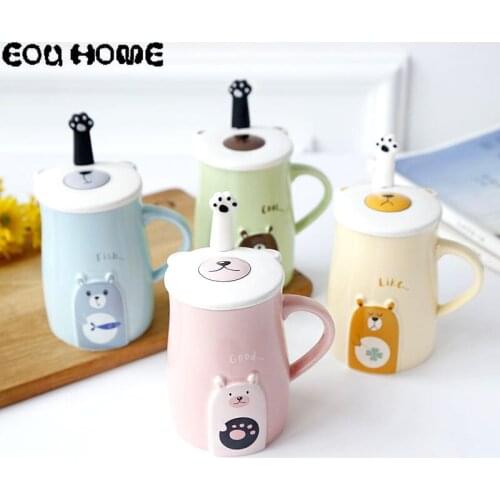 Cute Cartoon Ceramic Mug with Lid and Spoon Creative Coffee Cup Student Childrens Couple Milk Cups and Mugs Office Drinking Cup