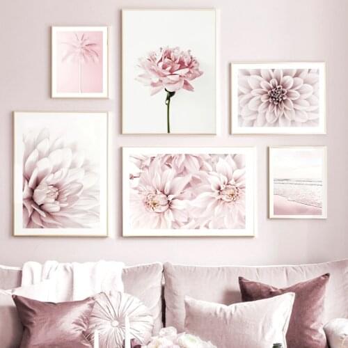 Pink flowers blooming dahlia palm beach payphone nordic poster wall art print canvas painting decoration picture living room