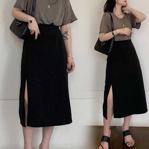 Large Size Womens Clothing Plump Girls Side Slit Black Skirt Korean Style 200 Jin Slimming High Waist Mid-Length A- line Skirt