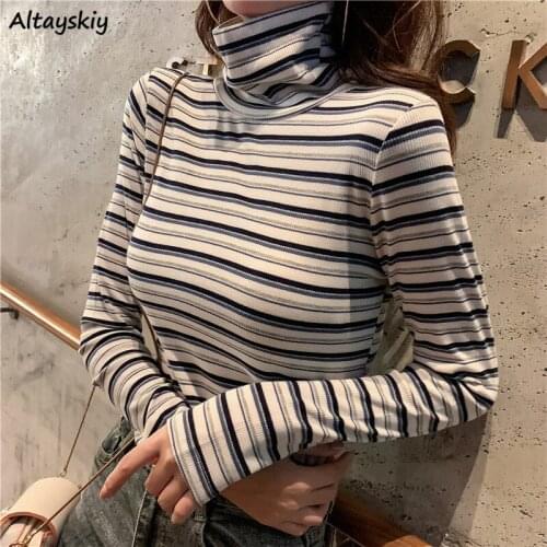 T-Shirts Women Korean Style All-match Top Turtleneck Long Sleeve Striped Female Tee Slim Casual Spring Basic 2020 New Harajuku