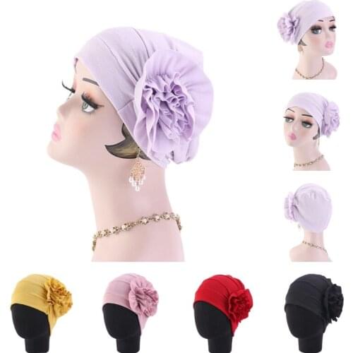 Womens Fashion Turban Hats Soft Solid Color Headwear Big Flower Decoration Party Baotou Caps Hair Loss Hat Elastic Chemo Caps
