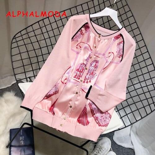 ALPHALMODA Printed Satin Patchwork Knitted Sweater Long-sleeved Woman 2019 New Thin Knitted Retro Chic Autumn Outfit Jacket