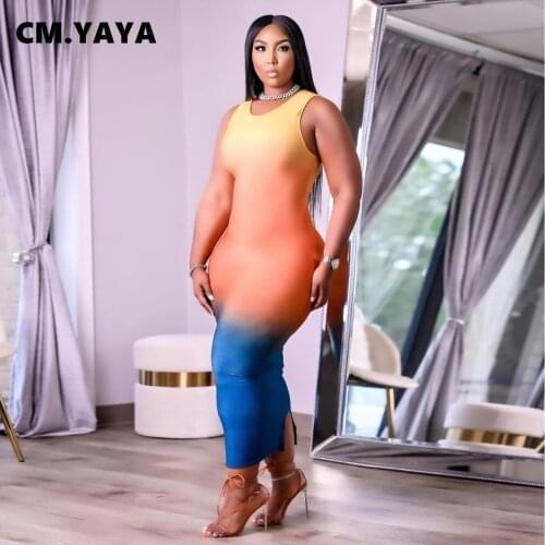 CM.YAYA Women Long Dress Gradient Color Sleeveless Stretchy Bodycon Cut Out Split Maxi Dresses Fashion Streetwear Summer Outfit