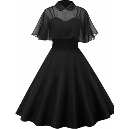 2021 Women Vintage Gothic Cape Black Dress Two Piece Mesh Cloak Sleeves Peter Pan Collar Elegant Retro Knee-Length Clothes