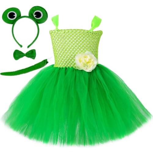 1 Set Green Frog Princess Girls Tutu Dress With Headband Children Kids Halloween Costumes For Girls Birthday Party Dress 1-14Y