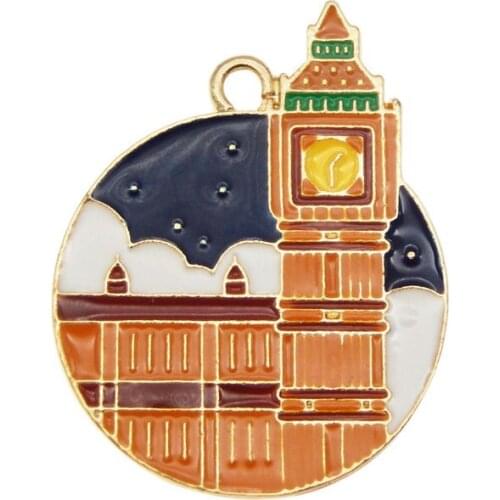 Julie Wang 6PCS Enamel Big Ben Charms Round Alloy Clock Tower Gold Tone Pendants Bracelet Jewelry Making Accessory
