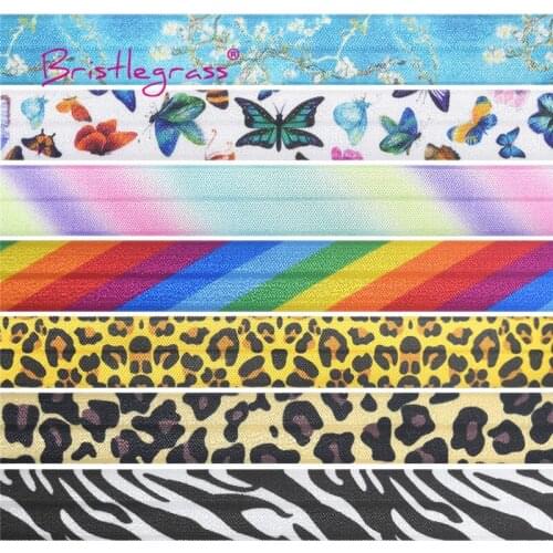 BRISTLEGRASS Combo 7 Yard 3/4" 20mm Rainbow Leopard Print FOE Fold Over Elastic Spandex Satin Band Hair Tie Headband Sewing Trim