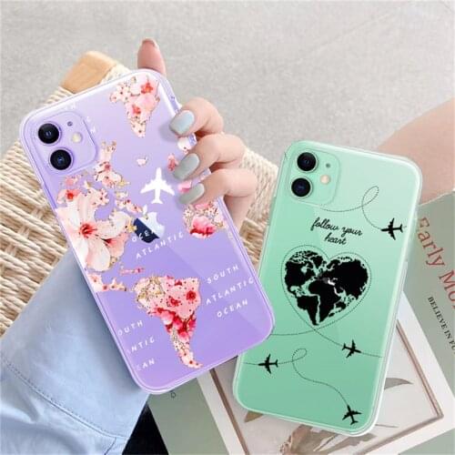 Transparent Flower Map Airplane Case For iPhone 11 Pro Max 6 6S 7 8 Plus X XR XS Max 5S SE2020 Clear Soft Shockproof Back Covers