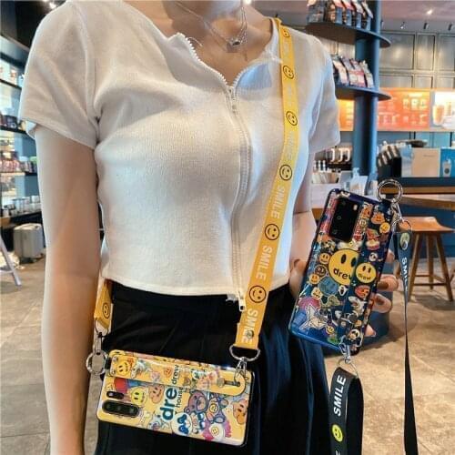 Funny Smiley Face Phone Case for Samsung S20 ultra S9 S10E Plus A51 A71 Note8 9 10 20 Soft TPU Back Cover with Crossbody Lanyard