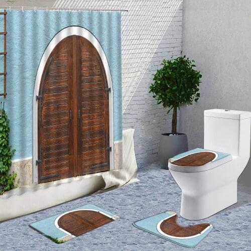 European House Wooden Door Shower Curtains 4pcs Sets 3D Old Gate Bathroom Curtain Bath Mats Rug Toilet Cover U-Shaped Pad Carpet