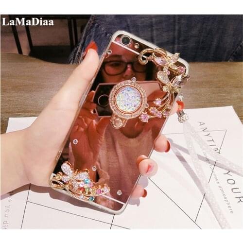 LaMaDiaa Bling Diamond Mirror Phone Case For iPhone 11 Pro MAX 6 6S 7 8 Plus Finger Ring Holder Stand Case For iPhoneX XR Xs Max