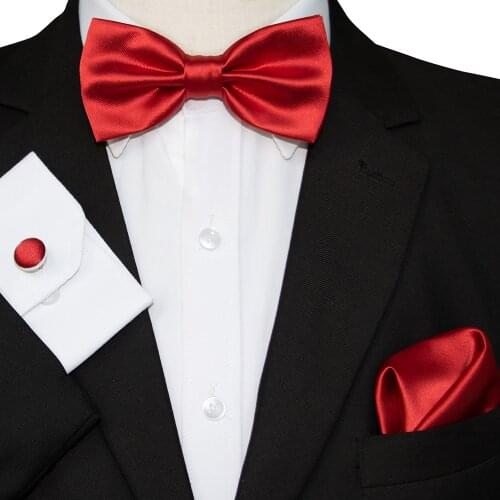KAMBERFT Mens Bow Tie Set Red Yellow Solid Bowtie Pocket square Cufflinks Gift Box For Men Wedding Party Gift