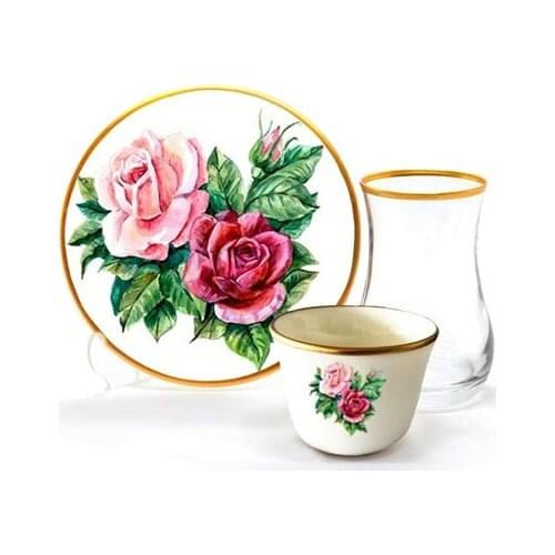 Drop Efe Tea & Arabian Coffee Cup Set 18 Pieces Rose White
