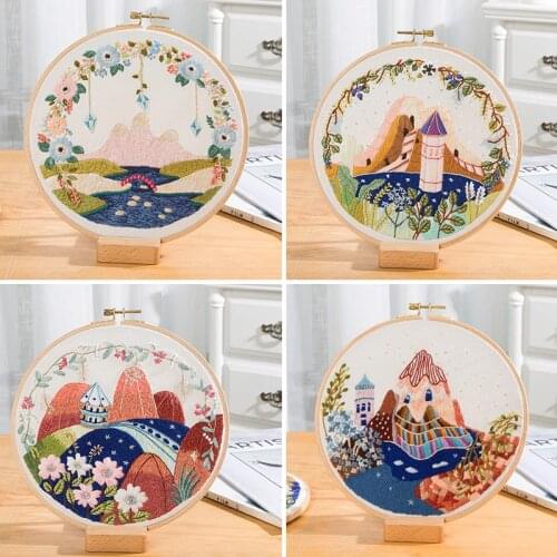 DIY Landscape Flower Embroidery Kit with Hoop Needlework Scenery Cross Stitch Handcraft Gift Art Home Decor
