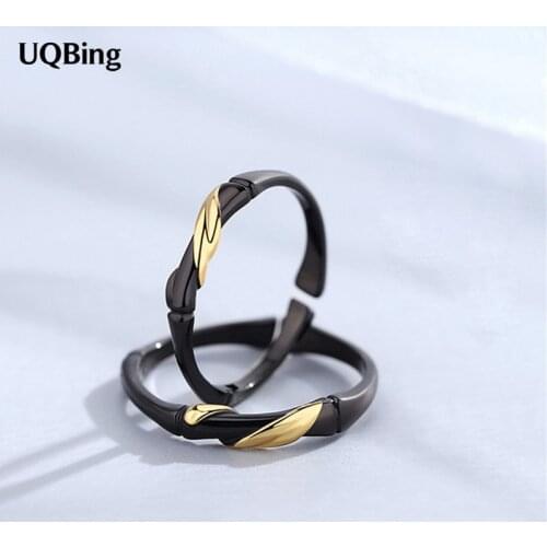 Green Plum Bamboo Horse Open Ring Fashion Creative Black Ink Bamboo Gold Leaf Couple Ring Silver Color Jewelry