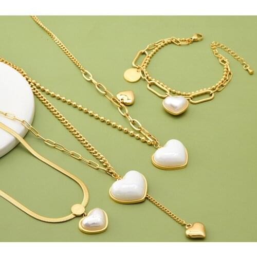 High Quality Stainless Steel Big White Pearl Choker Necklace Heart Pendants Necklaces For Women Wedding Jewelry Collar 2021 New
