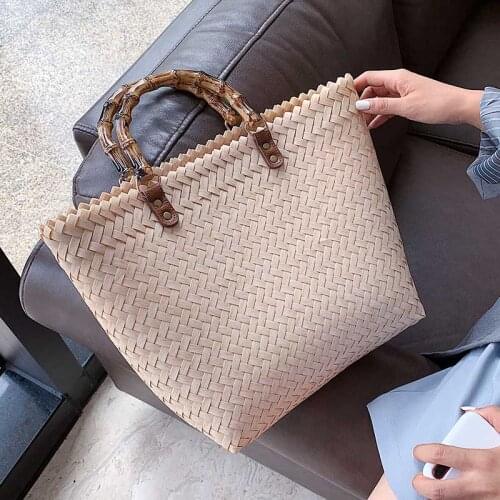 Causal Rattan Bamboo Handle Women Handbags Handmade Wicker Weave Hand Bags Summer Beach Straw Large Capacity Tote Purses 2021