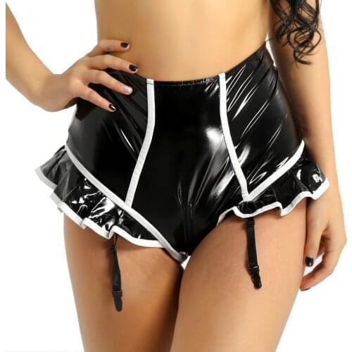 Sexy Lingerie Panties for Women Ruffled Underwear Wetlook Leather Briefs Zipper Open Crotch Surspender Panties Erotic Latex Pant
