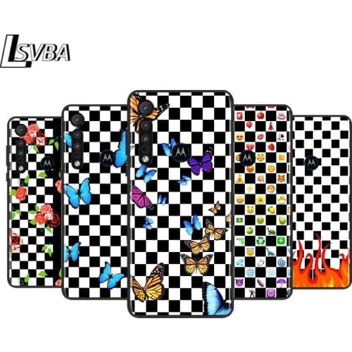 Checkerboard Black White for Motorola G9 G8 G E7 E6 One Play Marco Hyper Fusion Stylus Power Edge Plus Black Phone Case