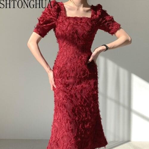 Chic Vintage Solid Tassel Dresses 2020 Summer Thin Backless Bodycon Square Collar Short Sleeves Sexy Slim Office Lady Dress