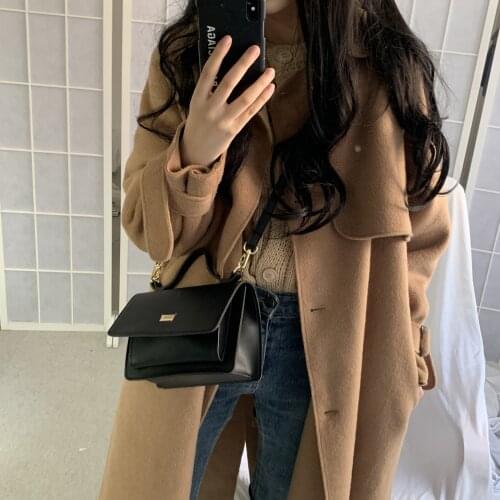 Korean Chic Retro Loose Lapel Woolen Trench Coat With Sashes New Fashion Holiday Comfortable Solid Color Trench Coat