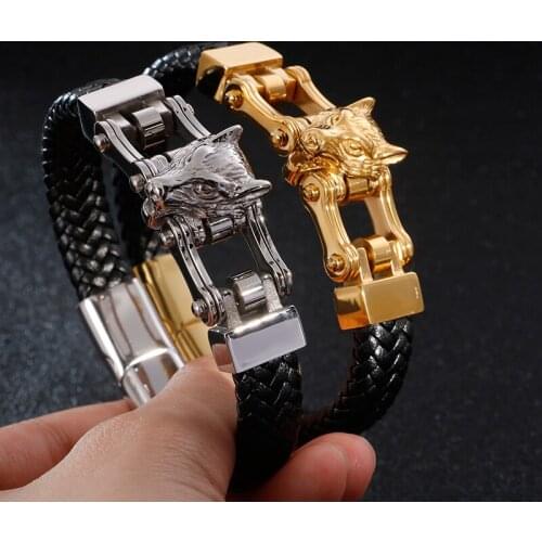 Vintage mens Hip-Hop Mens stainless steel Black Leather Huge Biker Wolf End Bangle Bracelet Mens XMAS Gift Father husband gifts
