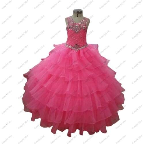 2021 Hot Pink Ruffles Girls Pageant Prom Dresses Ball Gown Organza Crystal Rhinestone Cupcake Toddler First Communion Girl Dress
