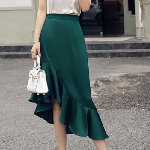 TingYiLi Asymmetric Ruffle Satin Skirt Elegant Women High Waist Mermaid Pencil Skirt Korean Fashion Green Black Pink Midi Skirt