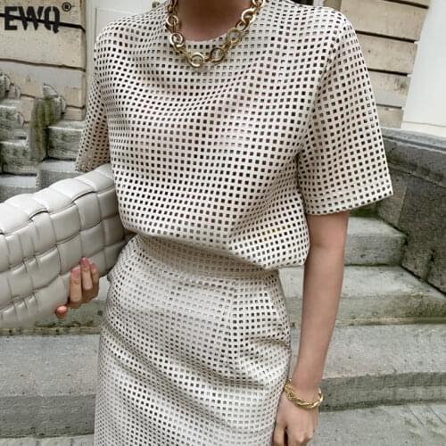 [EWQ] Women Black Trend O Neck Mesh Hollow Out Leather Short Sleeve Top+High Waist Buttock Skirt Suit Spring Summer 45