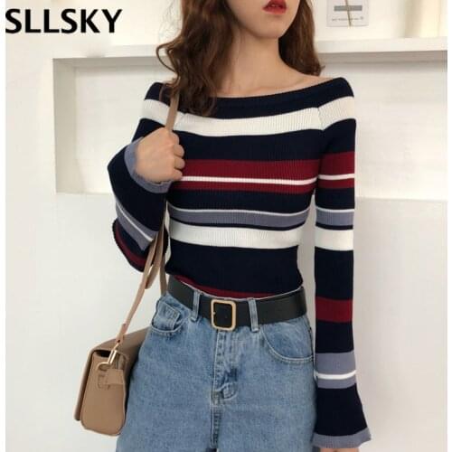 Sllsky Knitted Women Sweater Autumn New chic Retro Pullovers 2020 Spring Slash neck Long sleeve Flare Sleeve Stripes Sweaters