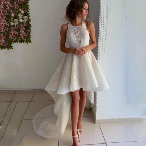 Thinyfull Summer Beach Boho Wedding Dresses Cross Back Hi Low Bride Dresses Tulle Lace Appliques Vestido De Novia 2020