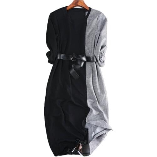 2020 autumn New Casual A-line Patchwork Three Quarter sleeve Sashes Knee-length Natural O-neck fashion women Dresses plus size