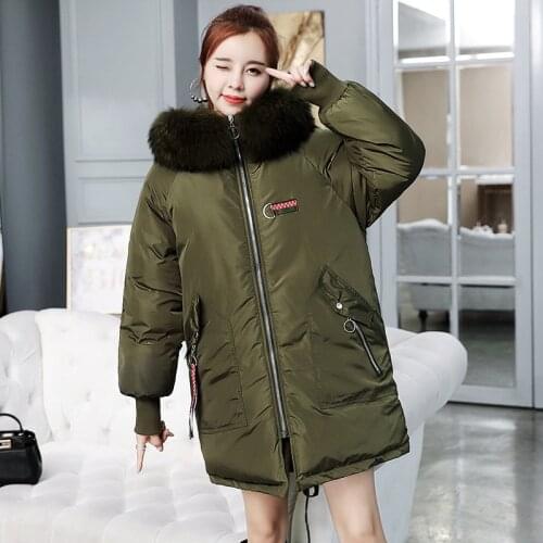 Korean Temperament Casual Padded Coat Women Clothing Wild Loose Hooded Big Fur Collar Embroidery Down Cotton Coat Female E275