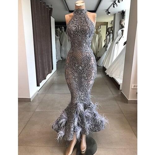 Tea Length Grey Lace High Neck Mermaid Party Prom Dress 2020 with Ostrich Feather Vestido De Festa Longo Evening Dress