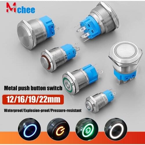 12/16/19/22mm Waterproof Metal Push Button Switch LED Light Momentary Latching Car Engine Power Switch 5V 12V 24V 220V Red Blue