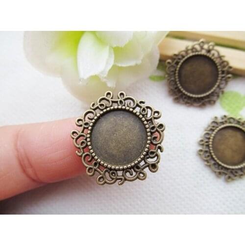 12pcs Antique Silver tone/Antique Bronze Flower Border Round Base Setting Tray Bezel Pendant Charm,fit 14mm Cabochon/Cameo