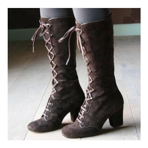 2020 New Womens Mid Calf Boots Shoes Woman Cross Lace Up Female Suede High Heels Ladies Thick Heels Retro Shoes Plus Size