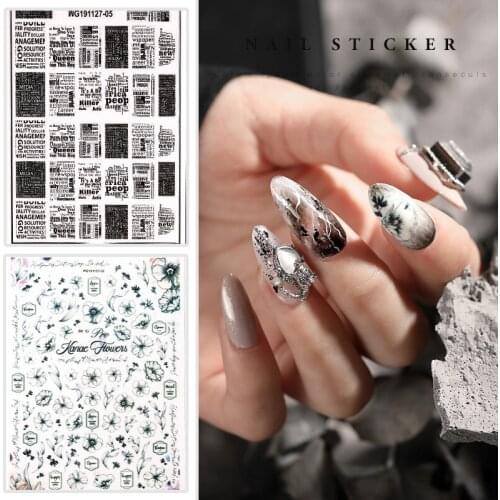 Newest WG-127-05 flower and newspaper design 3d nail sticker self adhesive nail decal decoration accessory