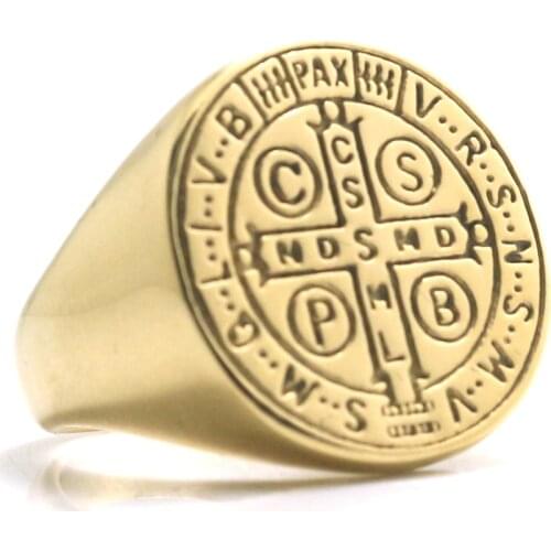Size 6 To Size 16 Unisex CSPB CSSML NDSMD Saint Benedict of Nursia Christianity Jesus Cross 316L Stainless Steel Golden Ring