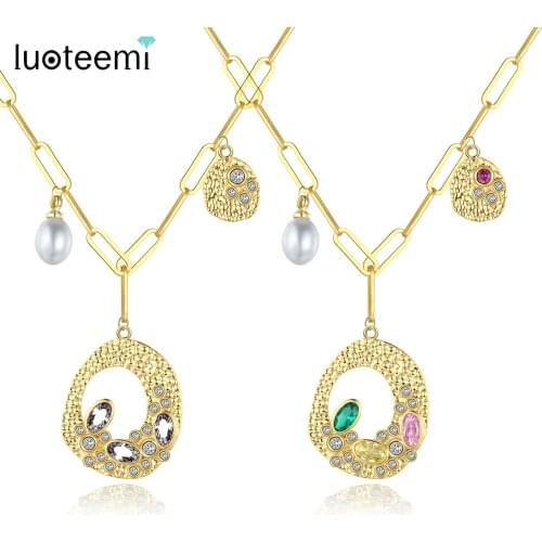 LUOTEEMI Green and Pink Gemsotone Long Link Pendant Chian Necklace Freshwater Pearl Superb Shinning Jewelry for Women Party