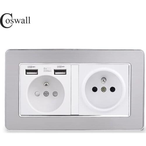 COSWALL Silver Stainless Steel Panel French / Polish Wall Socket With Dual USB Charging Port White Color