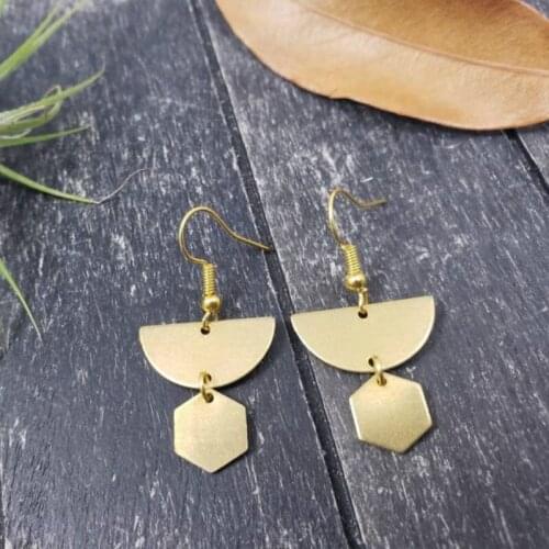 Raw Brass Half Moon and Hexagon Earrings, Lightweight Hypoallergenic Geometric Half Circle Brass Earrings