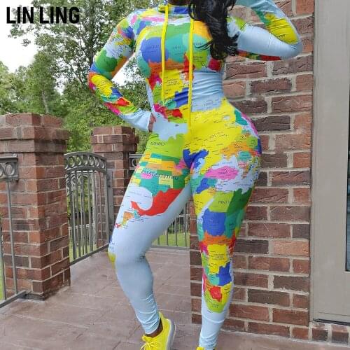LINLING Autumn Fashion High Neck Drawstring Pile Collar Map Print Back Zipper Tight Sexy Hot One-piece Pants
