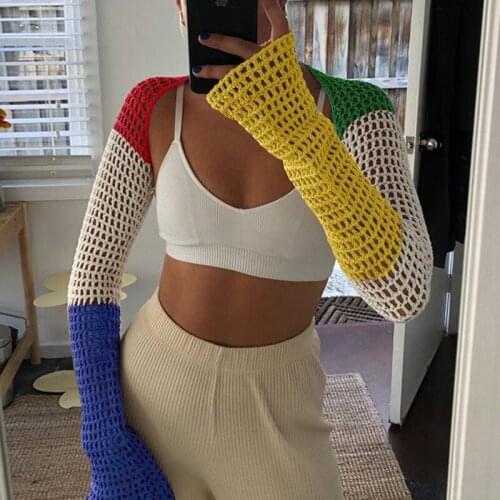 SEASONS Patchwork Sexy Crop Top Long Sleeve Backless Summer 2021 Beach Casual Knitted T Shirt Party Fashion Vintage ASTS83548