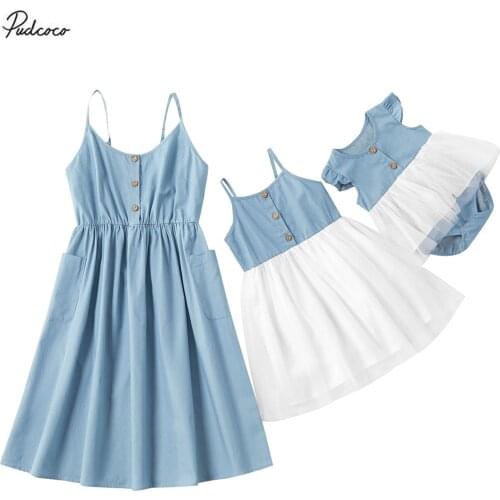 Matching Mommy and Daughter Vest Dress Italian Strap Pocket Button Dress Outfits