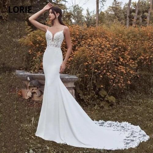 LORIE Mermaid Wedding Dresses Spaghetti Strap Appliques Lace Backless Soft Satin White Ivory Custom Made Wedding Gown Boho Bride