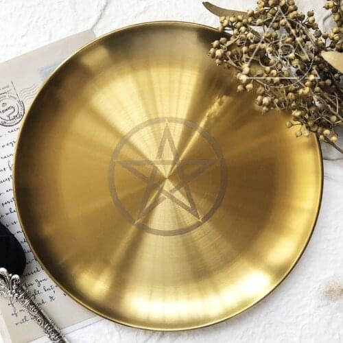 85LA Astrology Star Print Candlestick Table Altar Plate Tile Divination Round Metal Storage Plate Candle Holder Ritual Tray