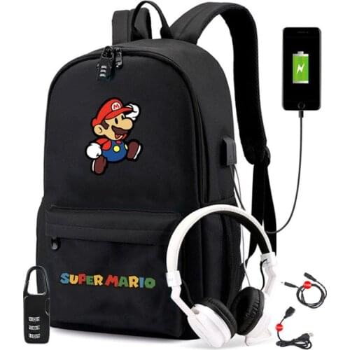 Mario Bros USB Backpack Girls Boys Large capacity bookbag Student School Bags Teens Multifunction Backpack Kids bagpack Mochila