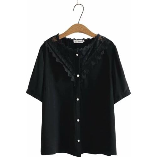 Plus size blouses tunics shirts 2021 Casual lace patchwork Short sleeve chiffon black summer Womens t-shirts